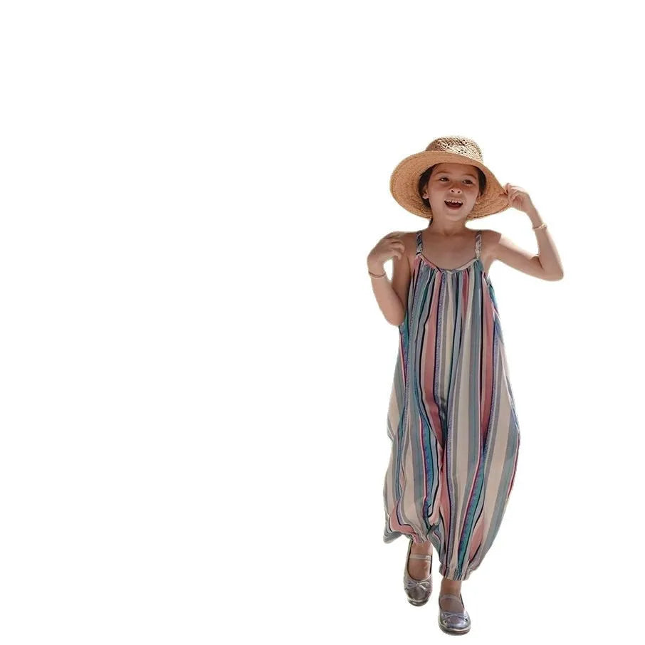 Colourful vertical stripe halter dress for girls, polyester trouser-length style