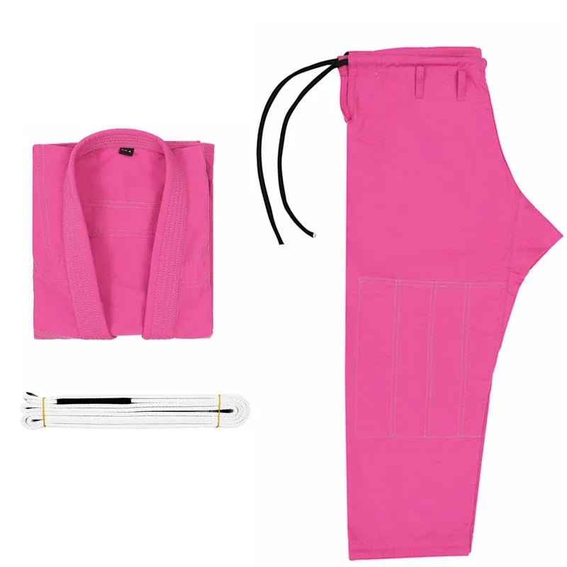 Brazilian jiu-jitsu gi uniform set in cotton blend fabric, showing top and trousers in a choice of colours.