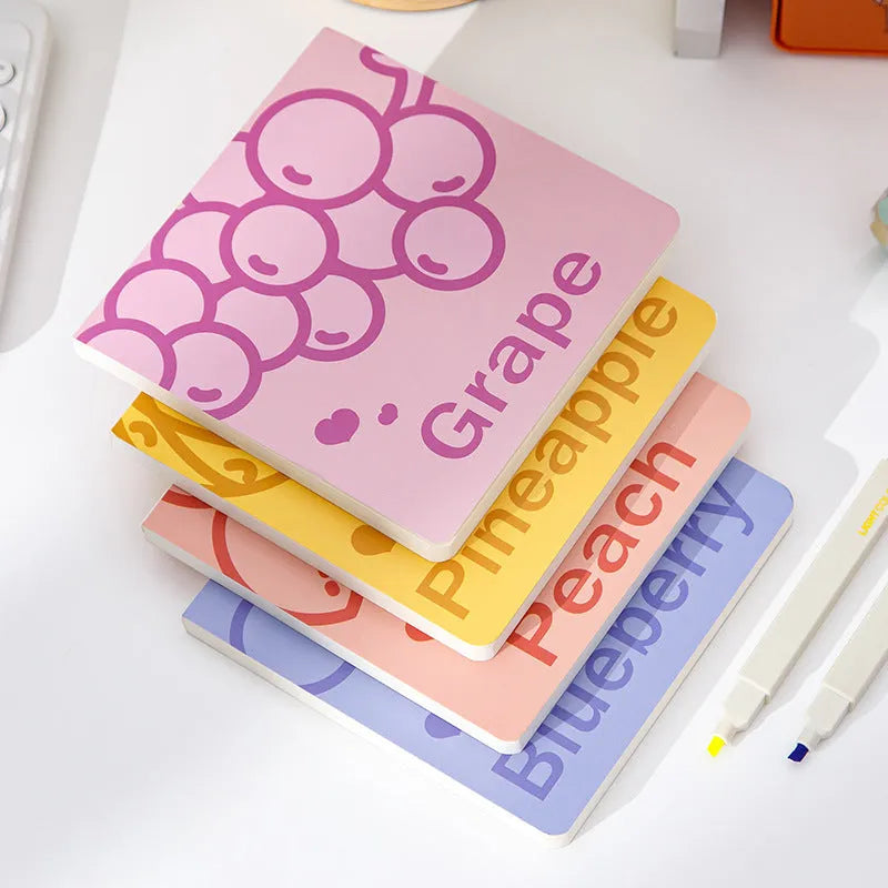 Square notebook with embossed fruit cover design and 80g thickened paper pages.