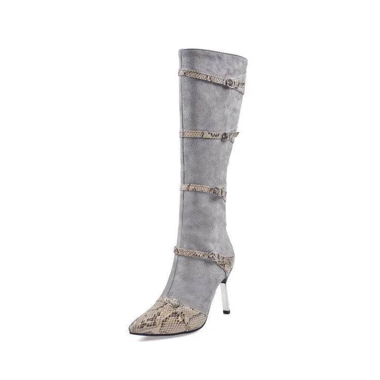 Grey and black women's knee-high boots with a high heel and velvet lining.