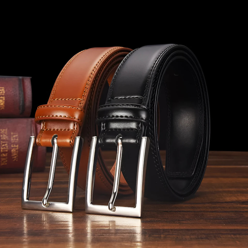 Men's black genuine leather belt with an alloy pin buckle, shown with a length measurement chart.
