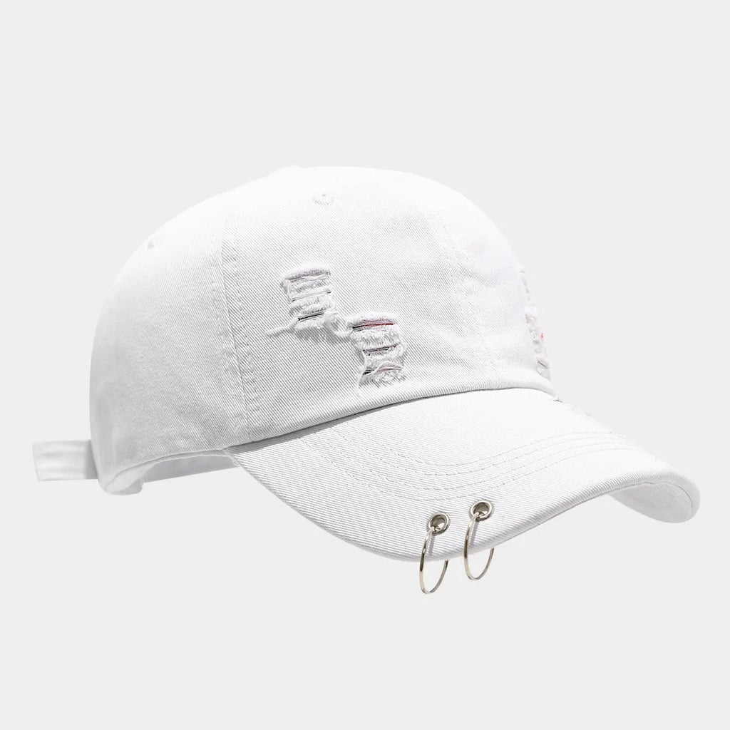 Men's adjustable denim peaked cap in black, shown from the side on a mannequin head