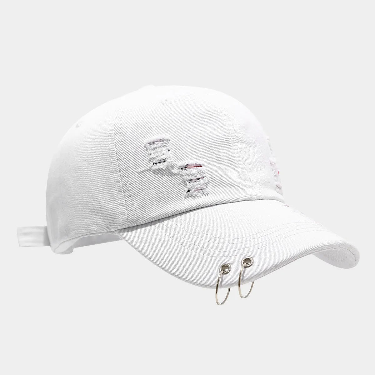 Men's adjustable denim peaked cap in black, shown from the side on a mannequin head