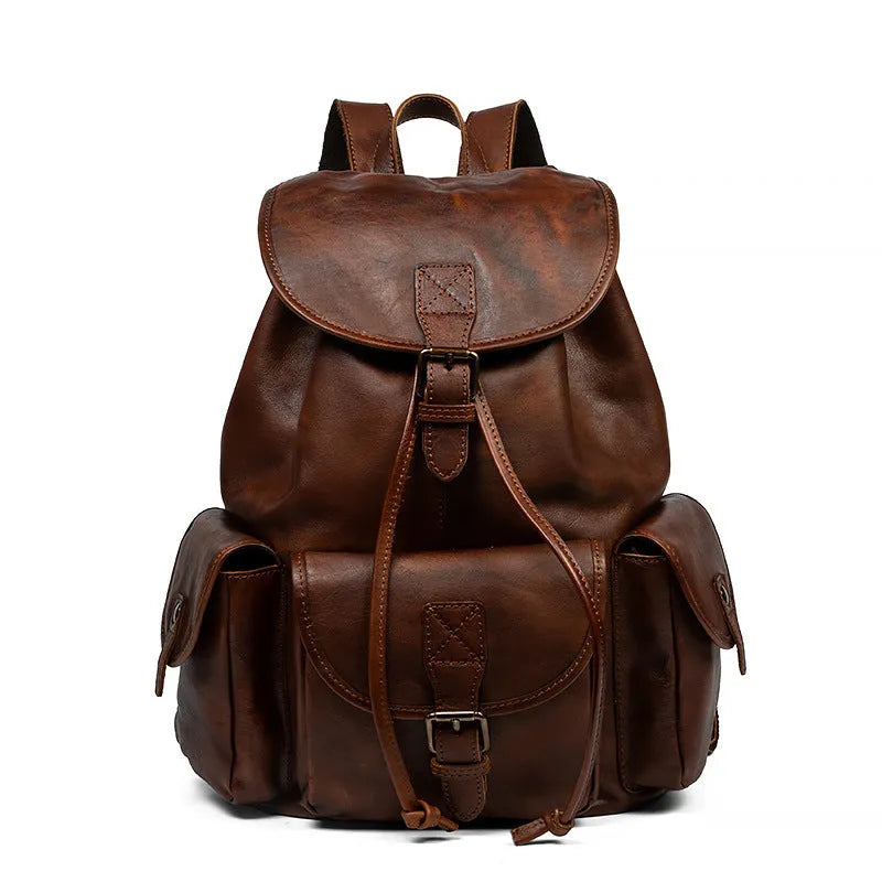 Genuine leather retro backpack with geometric pattern, 15 inch size, light brown or black, casual soft leather bag for hiking and travel.