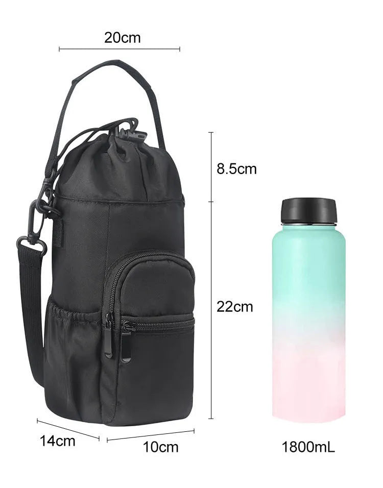 Canvas water bottle pouch with crossbody strap in black, green, or pink colour