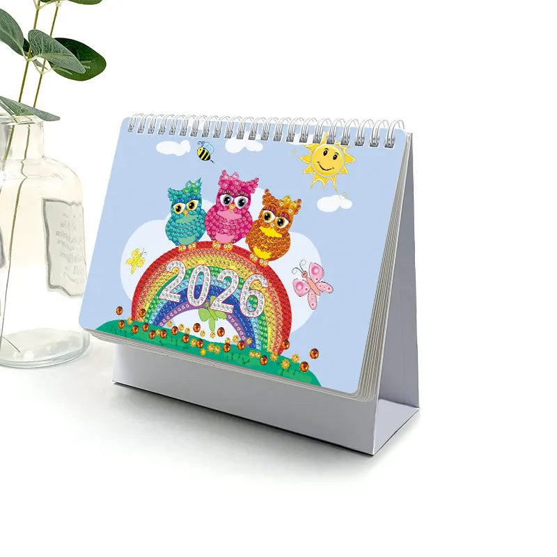Handmade diamond painting desk calendar with stick-on crystals on white card, frameless modern simplicity design