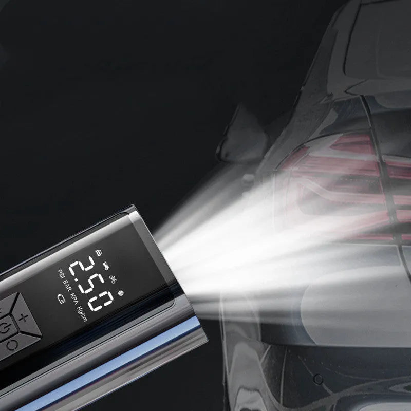 Portable wireless car tyre pump with digital display showing pressure readings