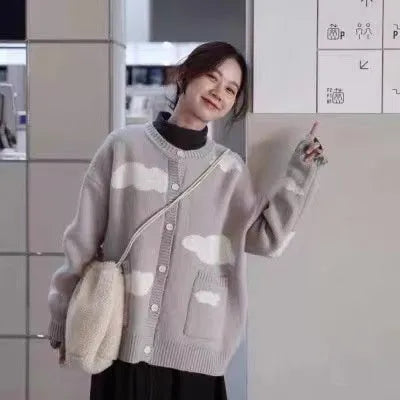 Women's blue cloud pattern spandex cardigan sweater coat with loose fit design