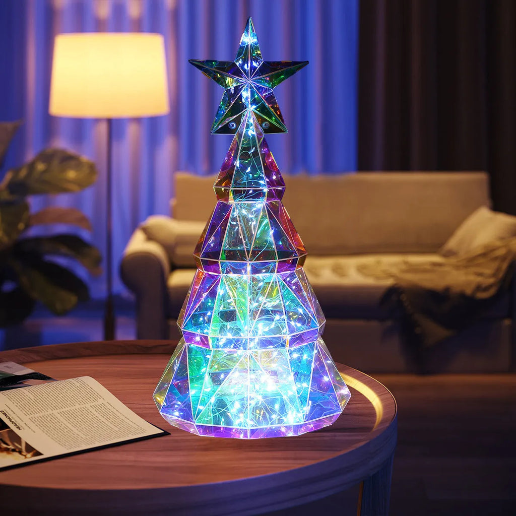 Colourful cartoon-style Christmas tree luminous decoration made of PET, dimensions 14.5 by 4.8 by 20 cm.