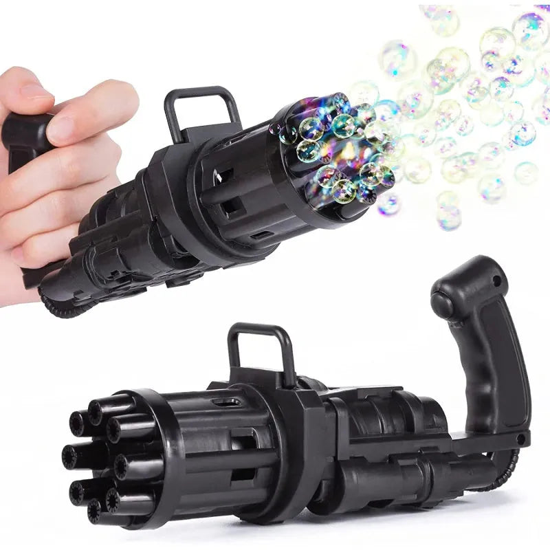 Kids bubble machine gun toy in pink, gold, or black colours with battery compartment and bubble solution
