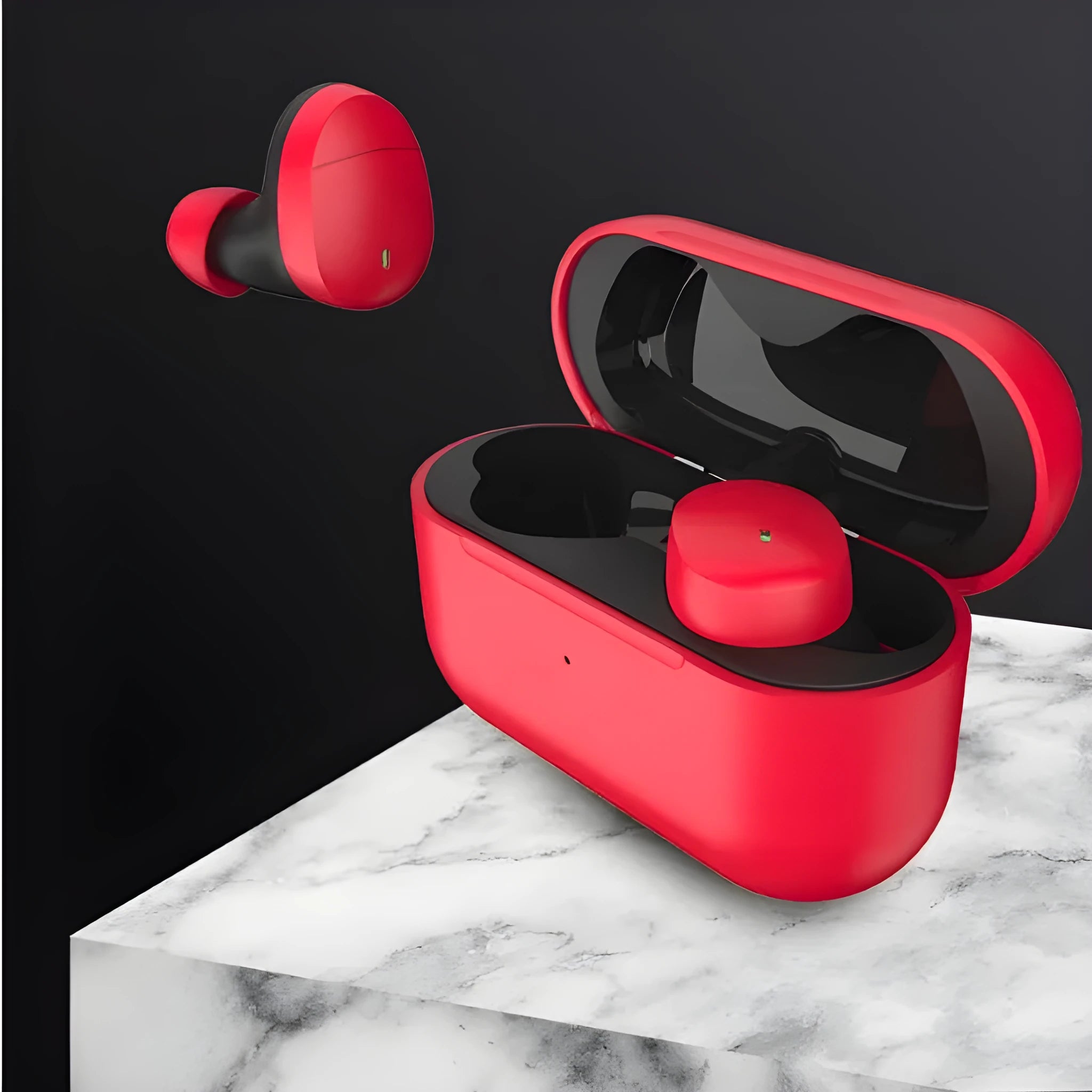 Flame red Qualcomm TWS 3040 true wireless Bluetooth earphones with charging cable.