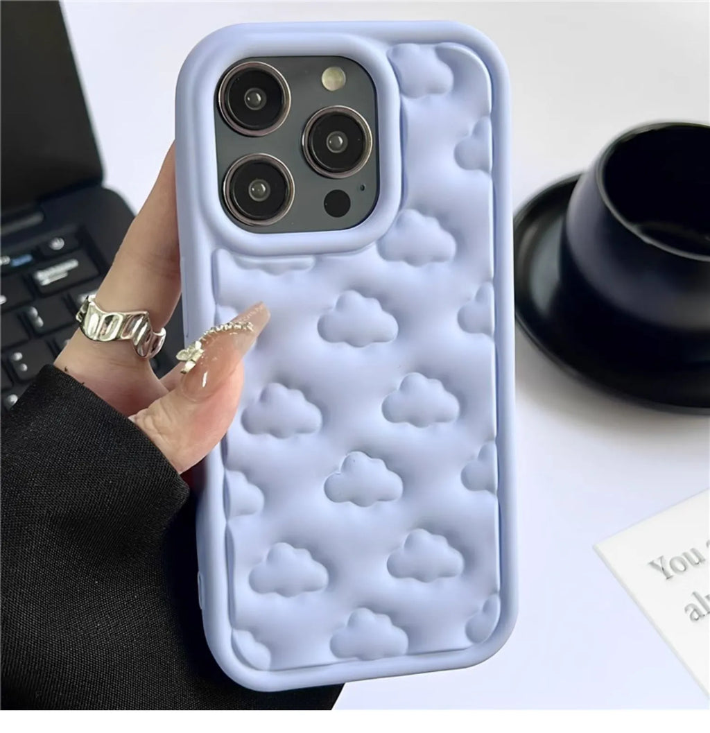 Hand oil three-dimensional cloud TPU phone case for iPhone with embossed floral pattern, black colour, displaying full back and edge coverage.