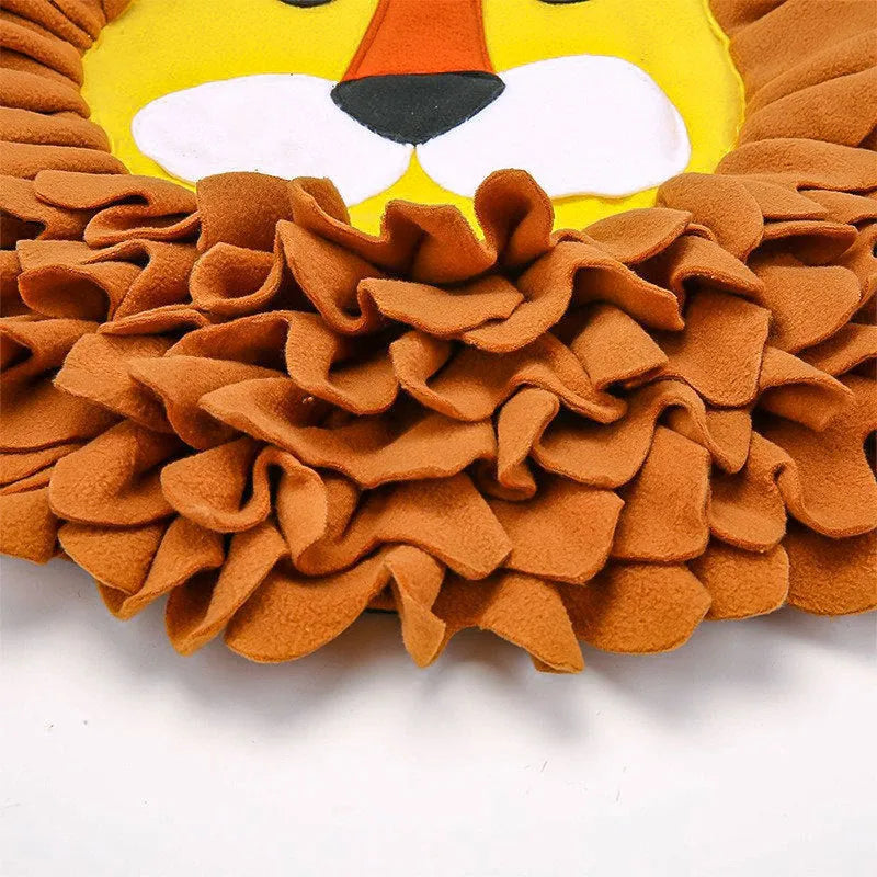 Brown lion-shaped fabric snuffle mat pet toy for dogs and cats