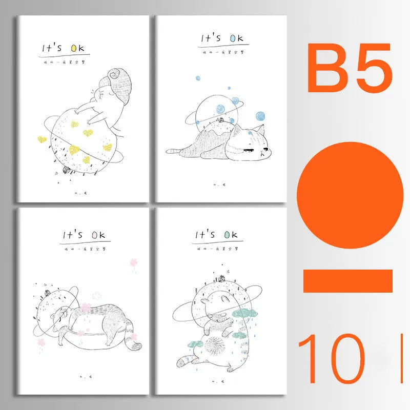 Pack of 10 A5 and B5 soft cover kraft paper notebooks with various designs, showing thread binding.