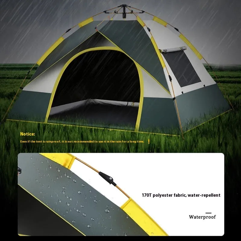 Dark green automatic quick-open camping tent for 3-4 people set up in an outdoor field.