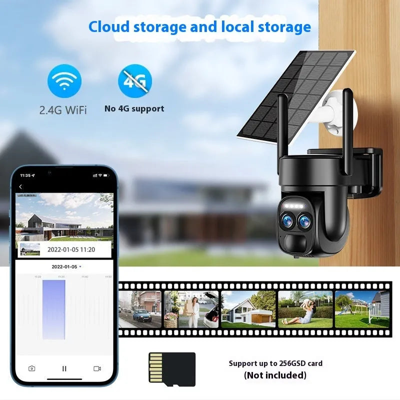Solar-powered outdoor security camera with 8x zoom lens and integrated solar panel