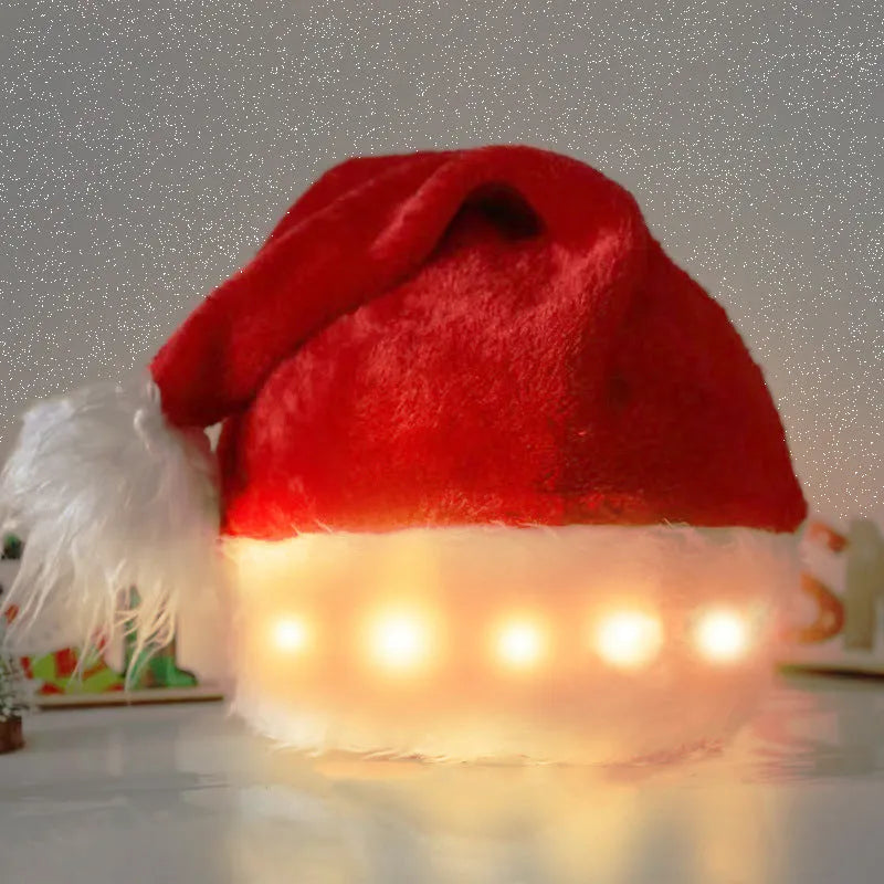 Red and white plush Santa hat with glowing LED lights around the brim and a white pom-pom.