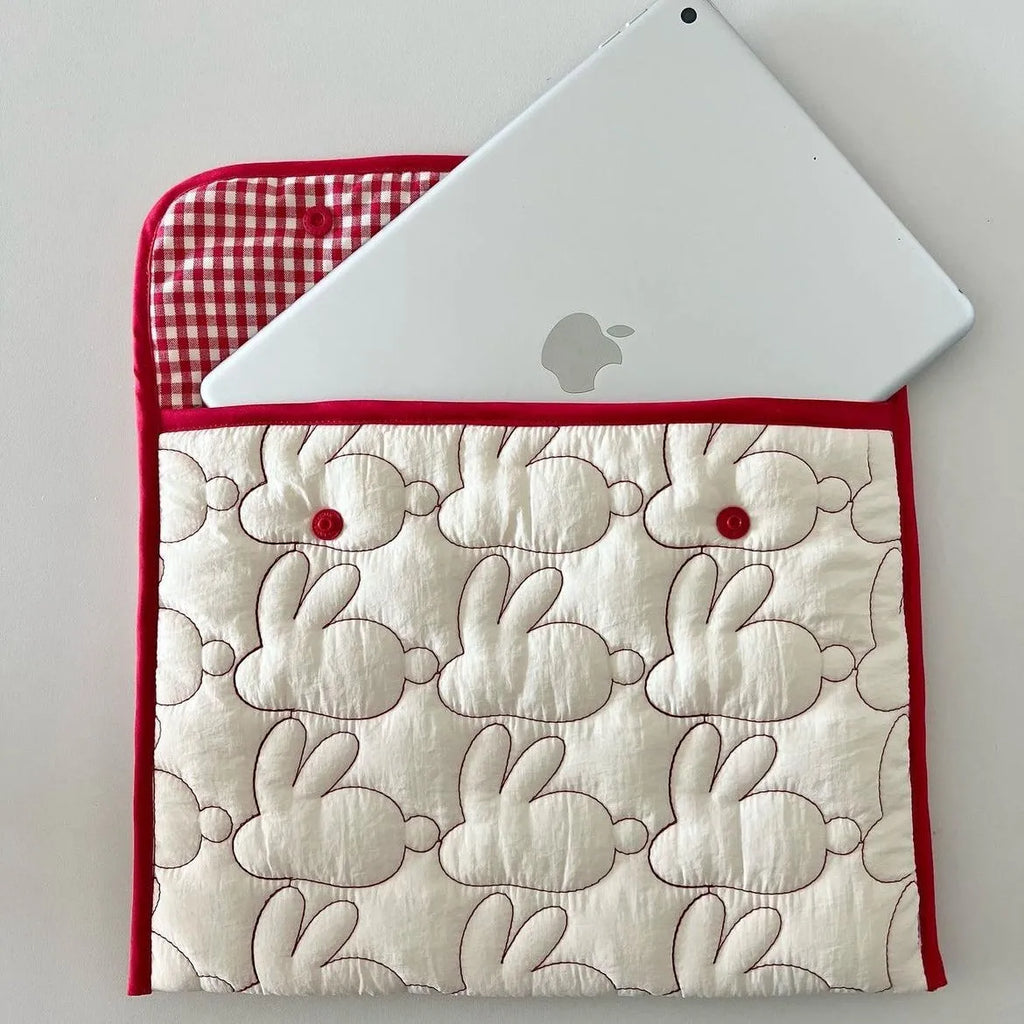 Embroidered rabbit pattern nylon tablet storage bag in black dot colour, portable size for 11 to 14 inch tablets