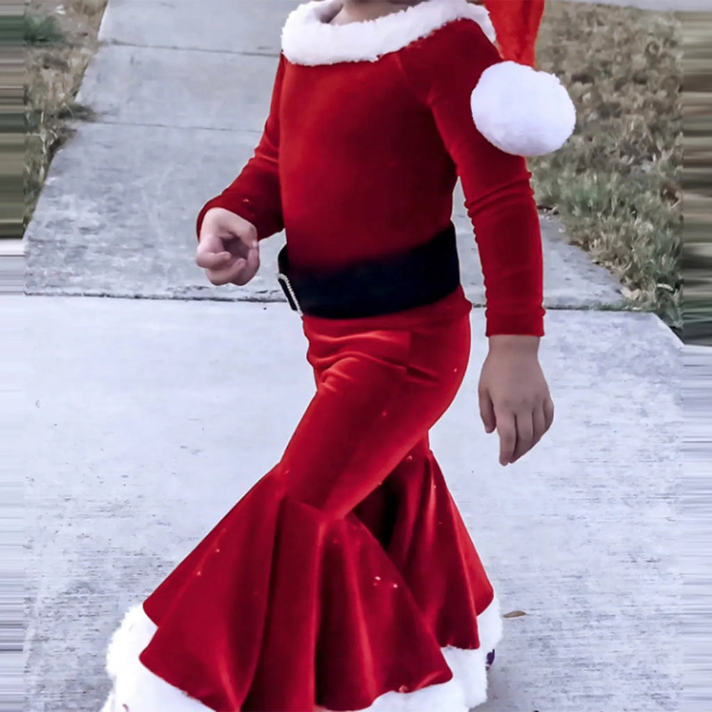 Red Korean velvet children's Christmas three-piece set with shirt, bell bottoms, and hat on display