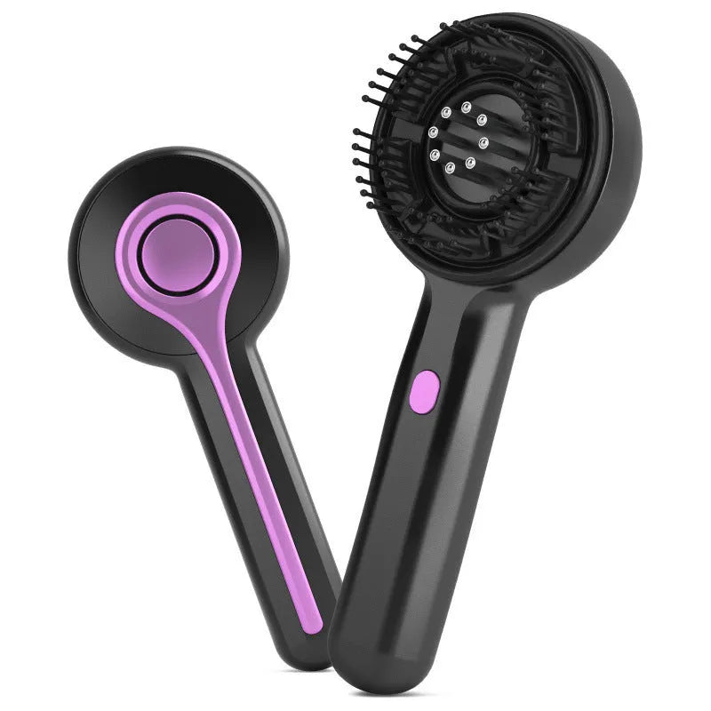 Black USB-powered head massage comb with vibration settings on a grey background.