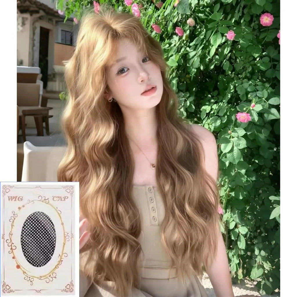 Linen brown medium-long curly synthetic wig on display stand with hair net