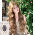 Linen brown medium-long curly synthetic wig on display stand with hair net