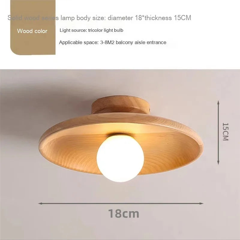 Japanese-style solid wood ceiling lamp for corridor or hallway with warm light, walnut finish