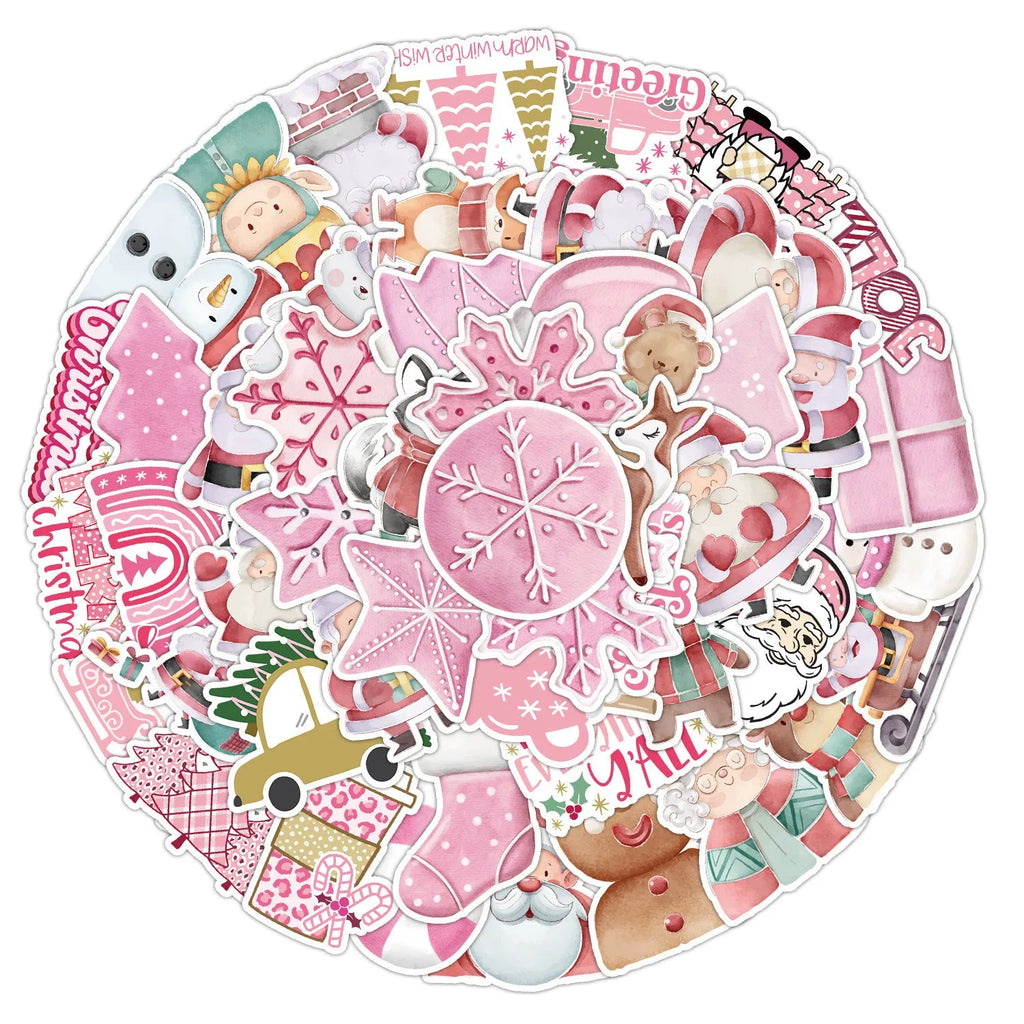 Pack of 50 colourful cute Christmas decoration stickers for cars, phones, and laptops.