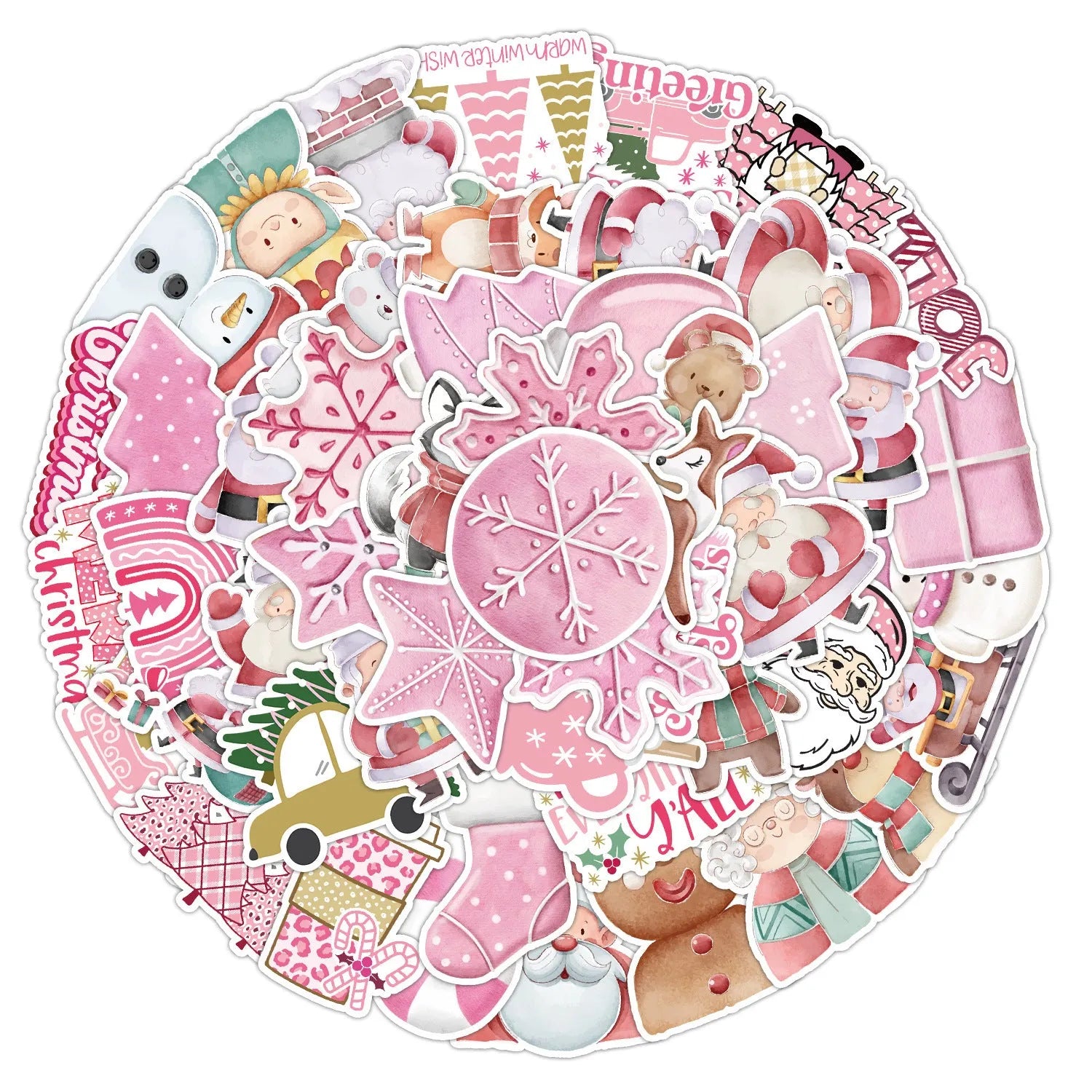 Pack of 50 colourful cute Christmas decoration stickers for cars, phones, and laptops.