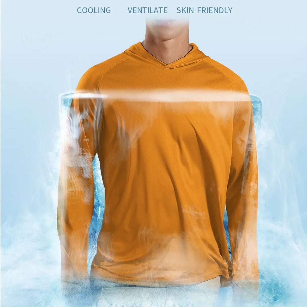 Outdoor long sleeve hooded top for UV protection during fishing and hiking.