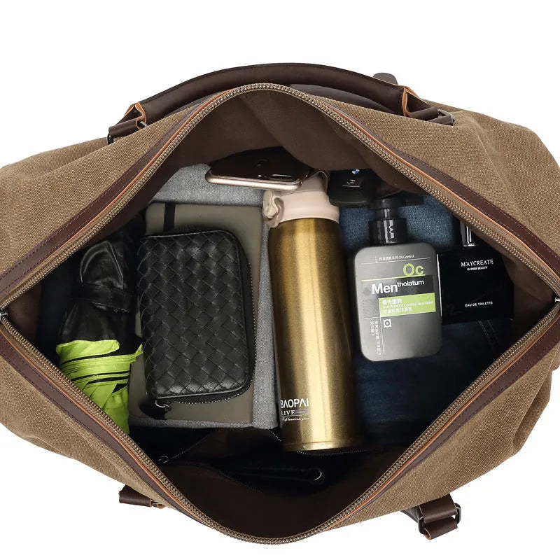 Large canvas crossbody travel bag for men, 36-55L capacity, with zipper pockets and document bag, in black, coffee, dark grey, or green.