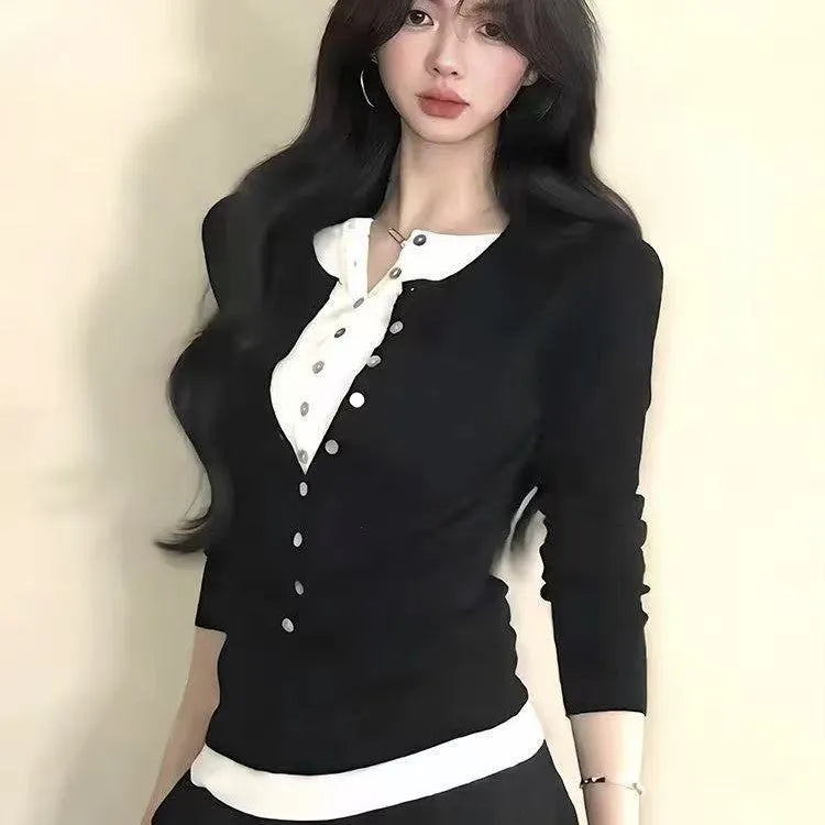 Black women's knitted fake two pieces slim fit long sleeve top on hanger