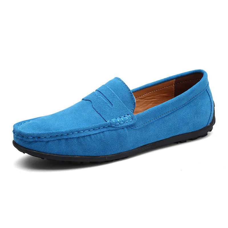 Men's suede leather Gommino loafer in brown, showing round toe and rubber sole.