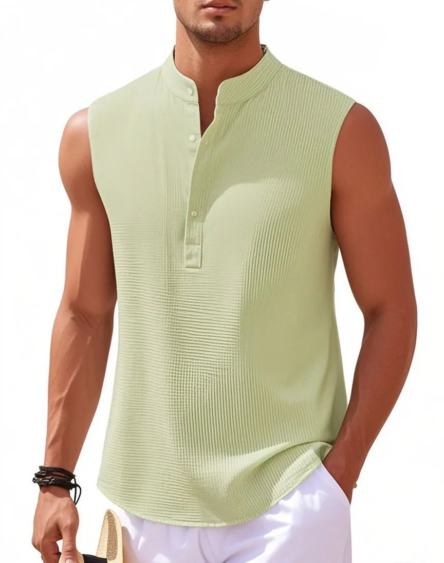 Men's stand collar sleeveless vest shirt with jacquard stripe pattern and round hem, polyester, S-XXXL