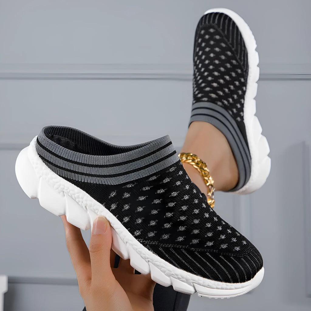 Women's striped Flyknit slipper shoes in sport style with hollow-out design and height increasing soles