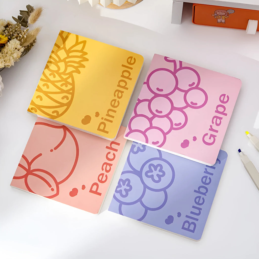 Square notebook with embossed fruit cover design and 80g thickened paper pages.