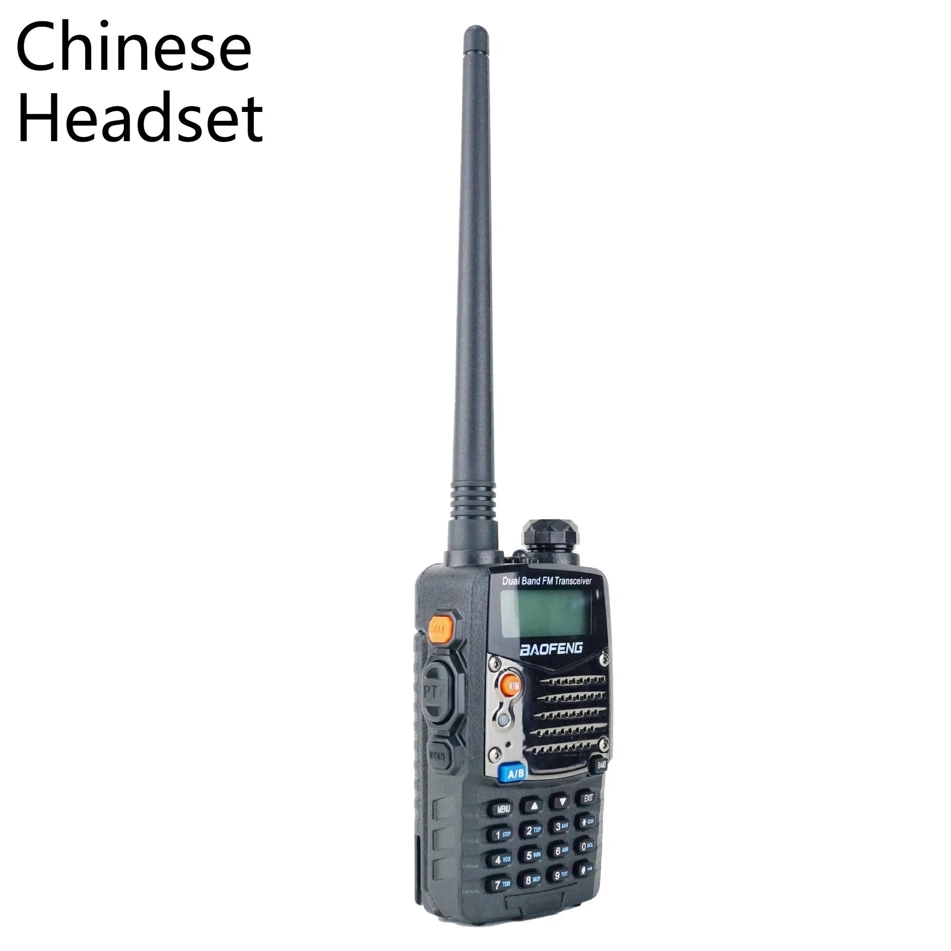 Baofeng UV-5RA handheld dual band two-way radio on a grey background.