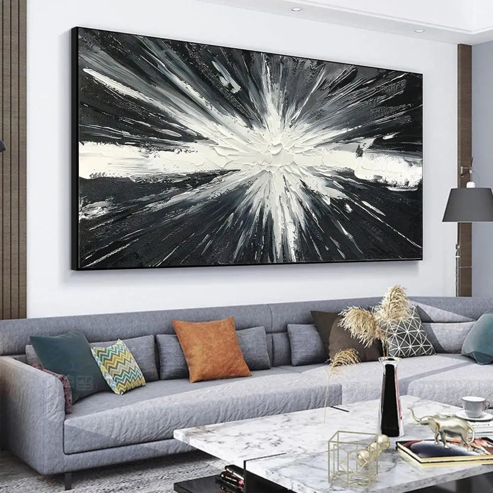 Abstract handmade oil painting on canvas black white texture horizontal living room wall art