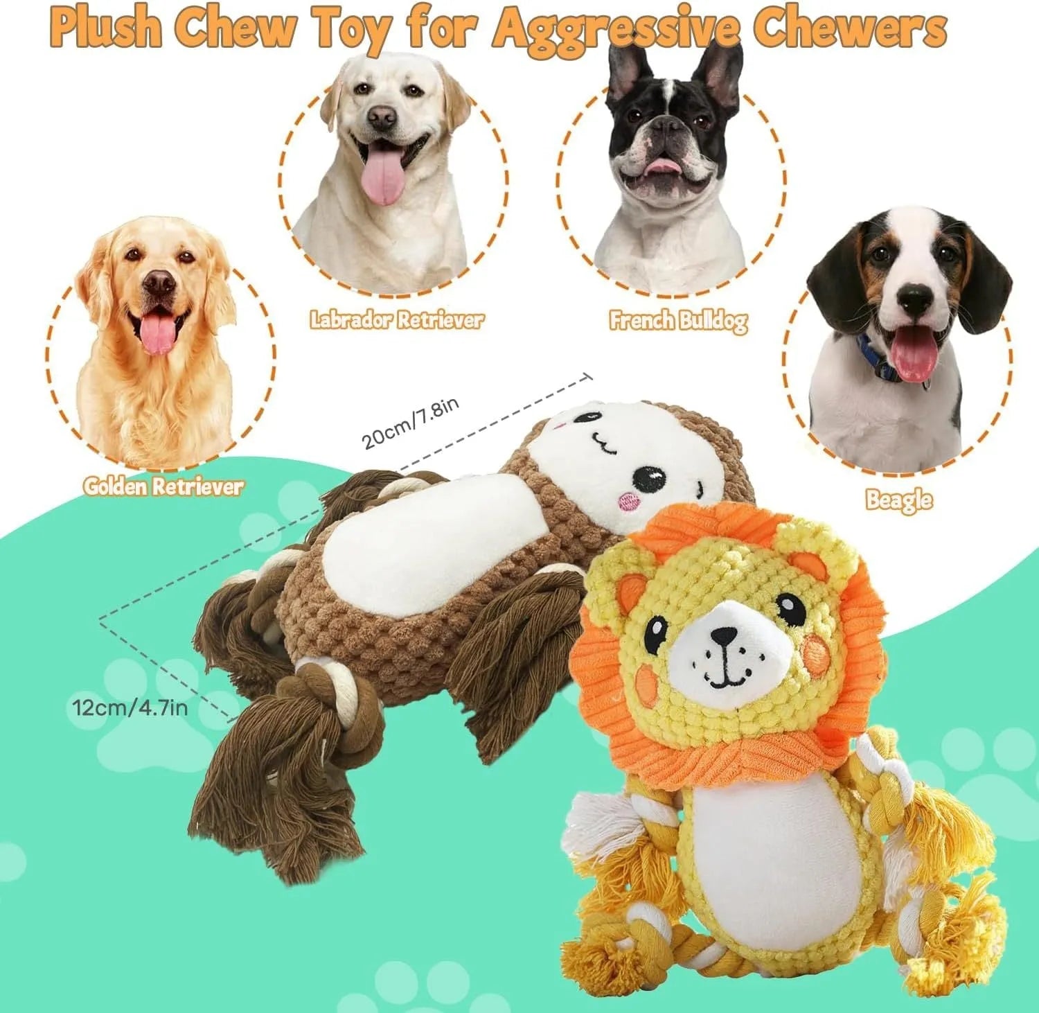 Squeaky monkey plush toy and lion plush dog toy bundle on a white background.