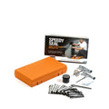 Emergency tyre repair tool set with pressure gauge and reamer tools in high-visibility suitcase