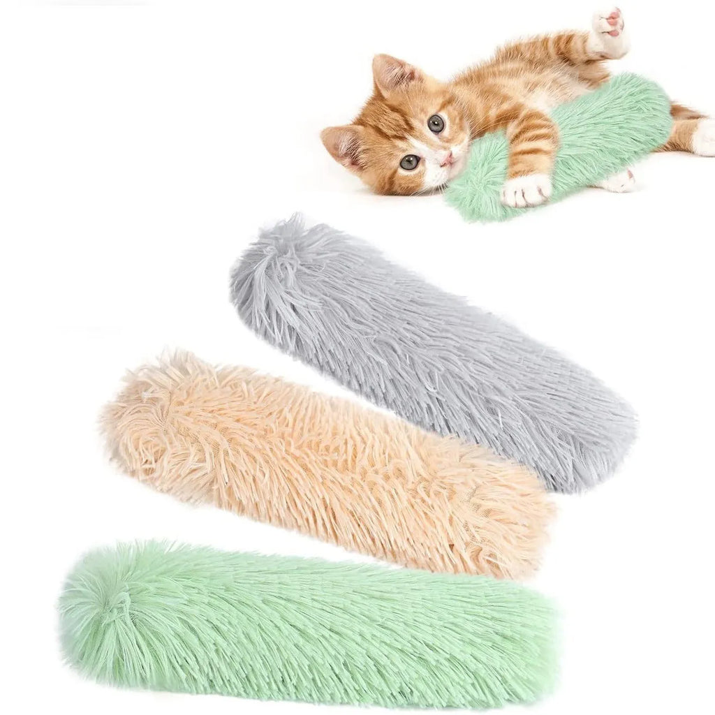 Soft plush cat toy pillow for stress relief in green, white, blue, and pink colours.