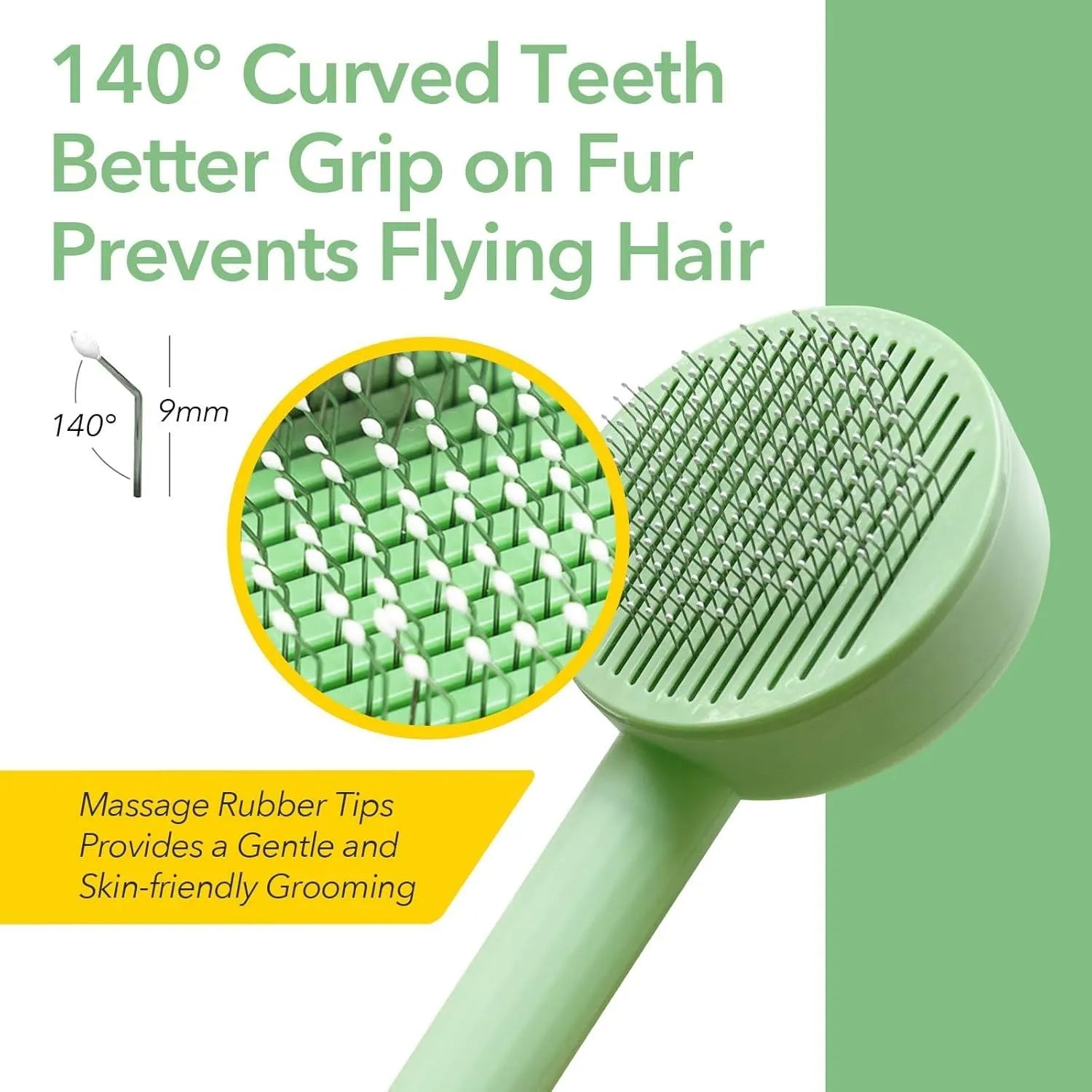 Green and yellow pet grooming brush with stainless steel teeth for deshedding cats and dogs