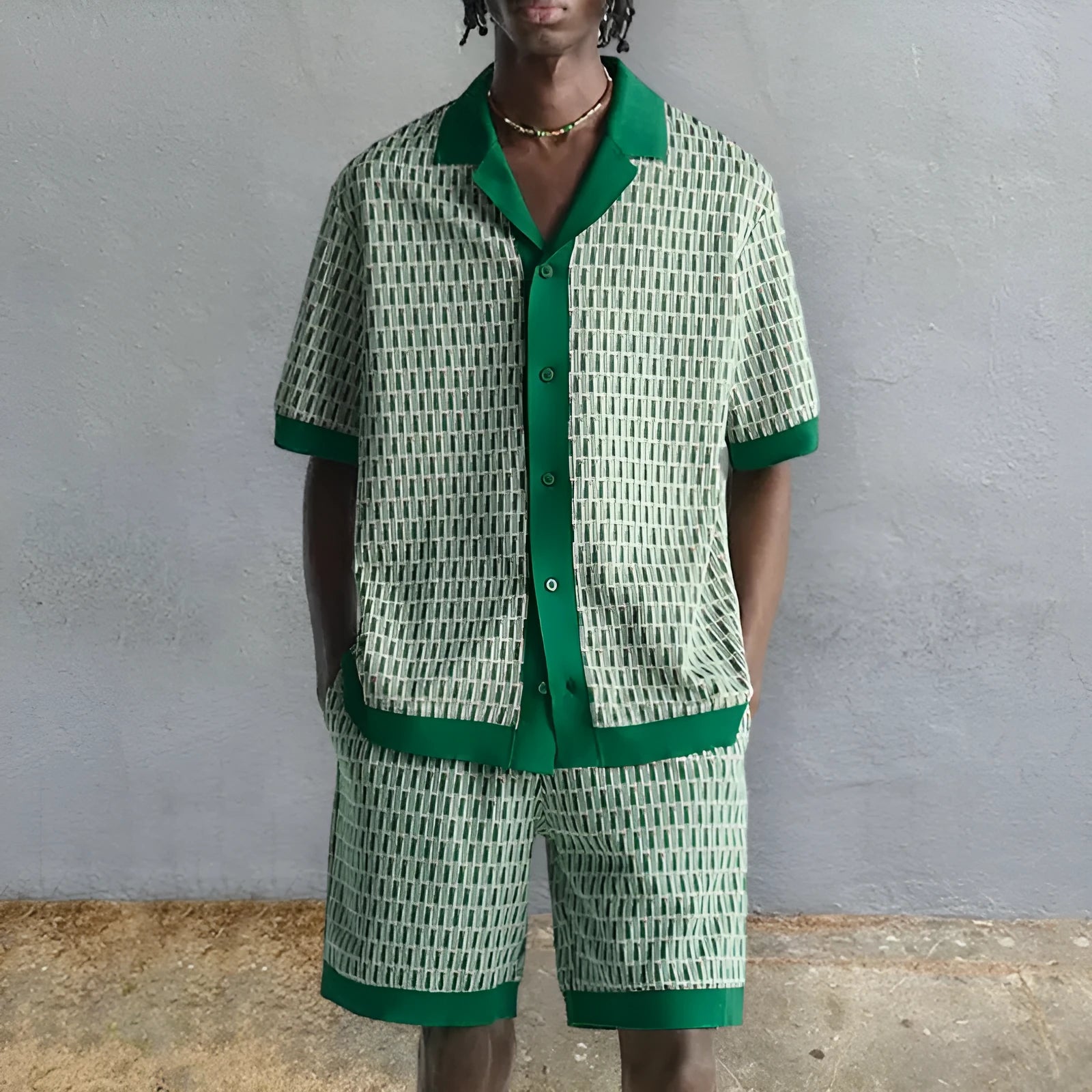 Men's printed shirt and shorts two-piece set in elastic polyester fabric for beach wear