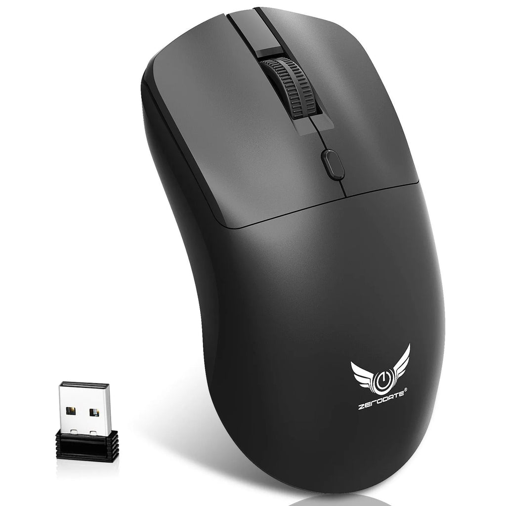 Black wireless computer mouse with three audio control buttons beside scroll wheel