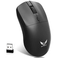 Black wireless computer mouse with three audio control buttons beside scroll wheel