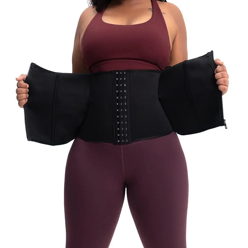 Breasted neoprene body shaping corset belt for women in black, shown on a mannequin.
