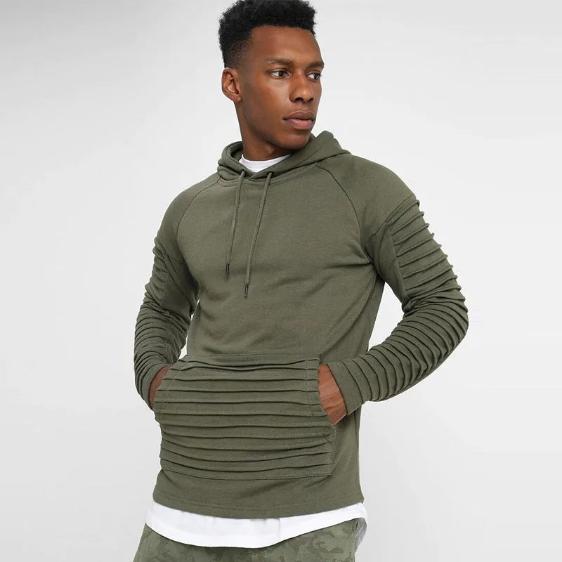 Men's long sleeve pleated stripes hoodie in Odell polyester fabric, black colour, front view