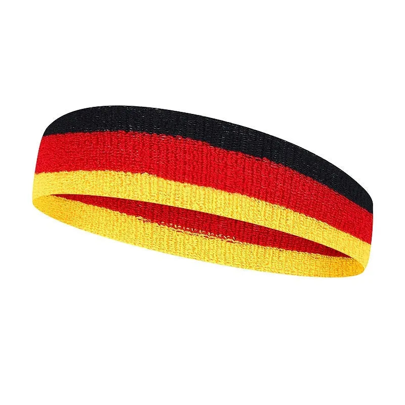 Three-colour sports headband for adults, shown in a red, yellow and blue combination.
