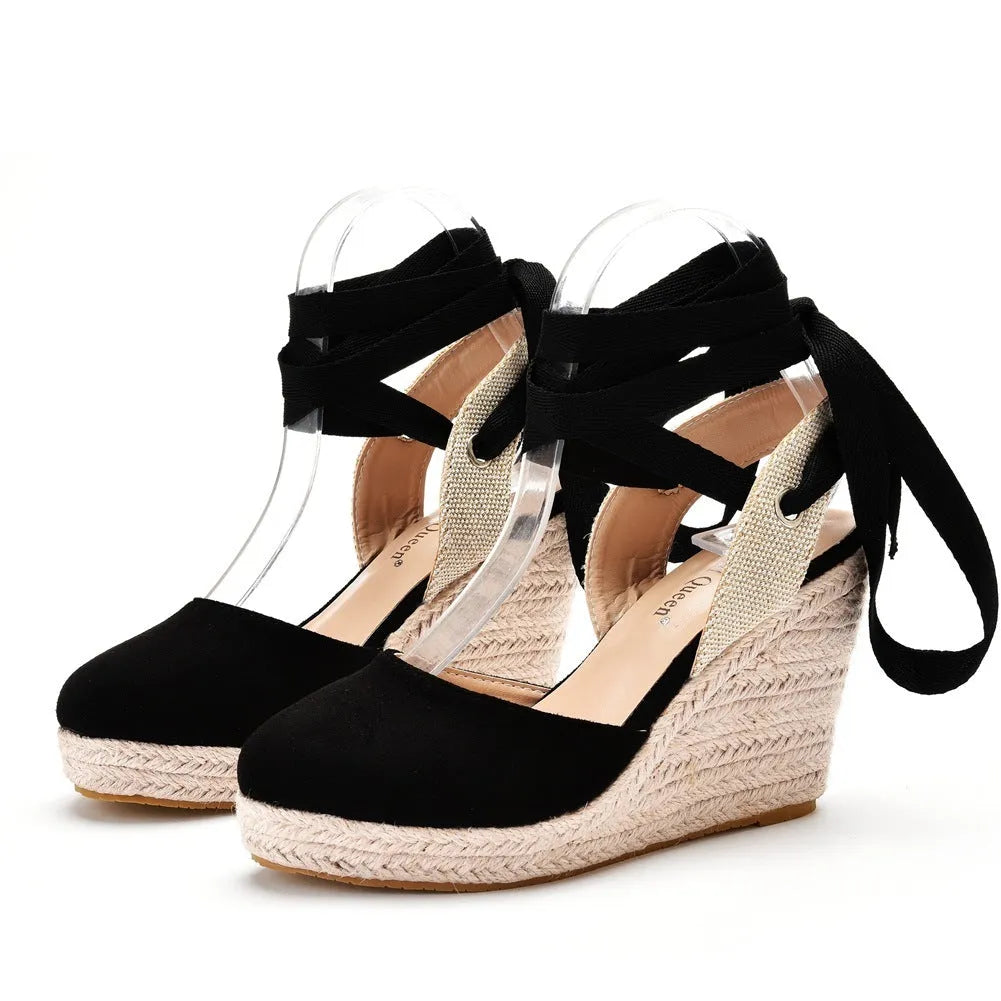 Women's apricot Bohemian wedge sandals with beaded tassels, a buckle, and a platform sole.