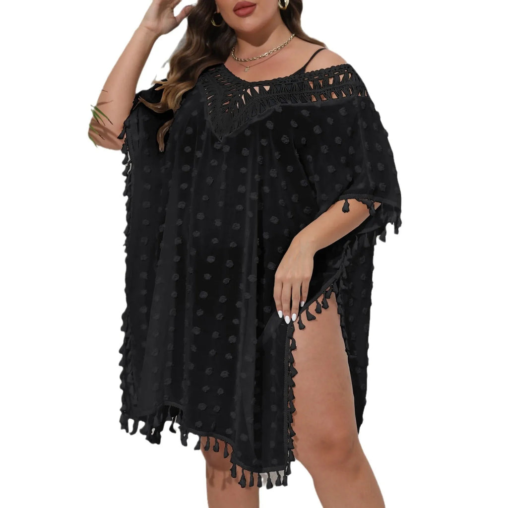 Solid colour chiffon V-neck beach dress with tassel patchwork front view